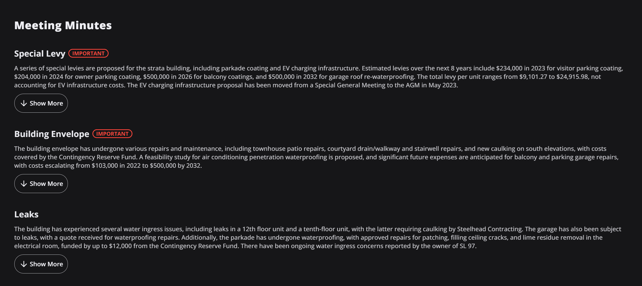 Extracted Meeting Minutes Important Information in a building in BC